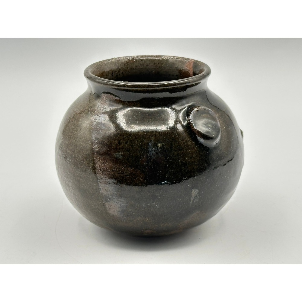 Vintage Artist Signed Stoneware Pot 4x4 Dark Glaze Studio Pottery